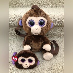 TY Silk COCONUT Monkey Fashion 12” Plush Backpack with Matching Wristlet EUC